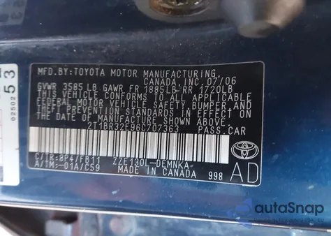 2006 Toyota Corolla Le z USA, uszkodzony, nr VIN 2T1BR32E96C707363